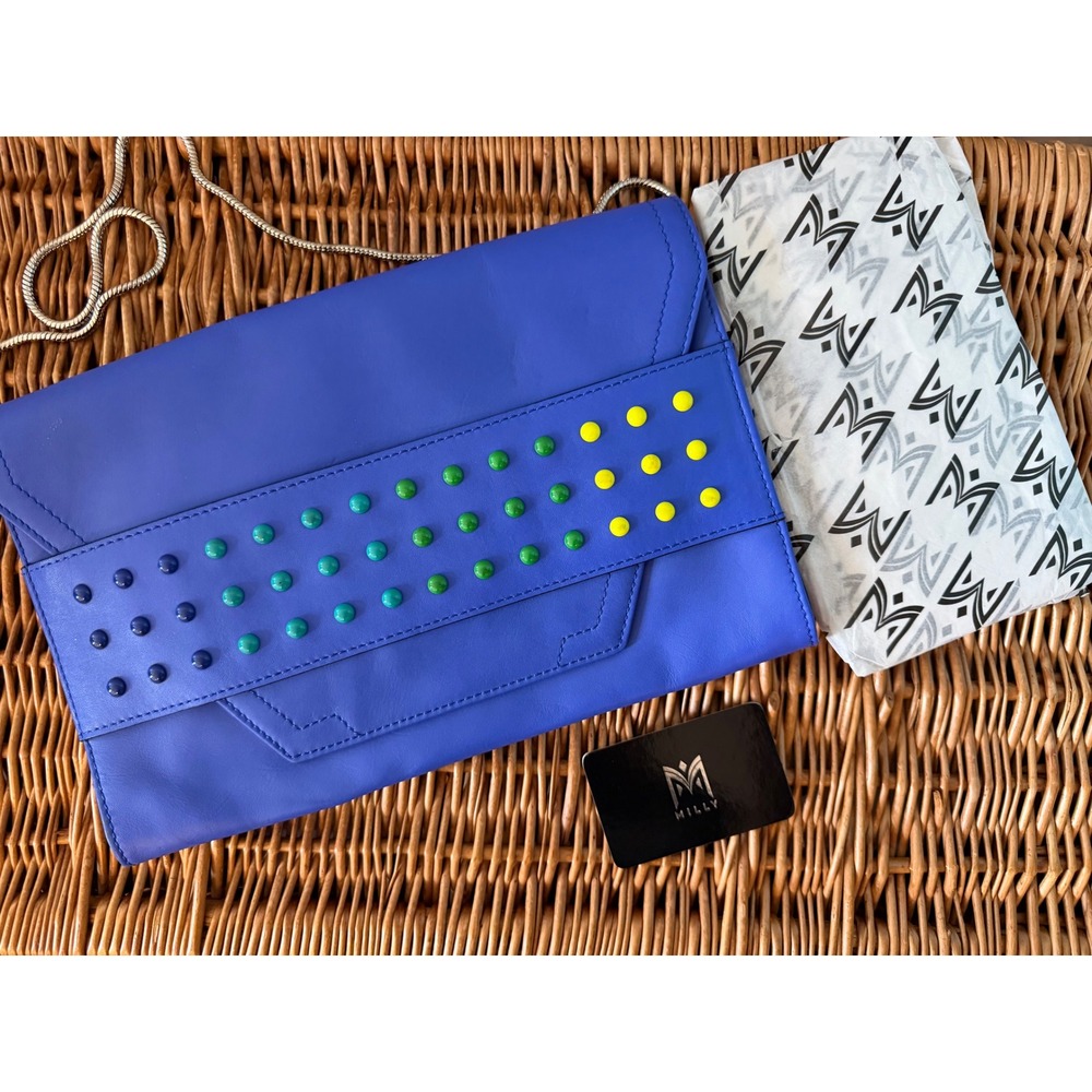 Milly Cobalt Blue Leather Studded Envelope Clutch Bag with Chain Strap